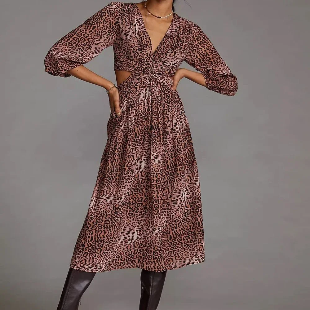 Anthropologie Ranna Gill Cutout Animal Print Midi Dress - Picture 1 of 11